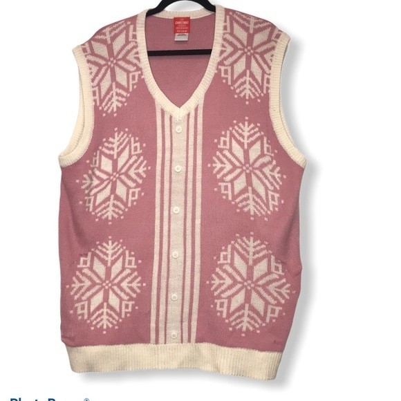 Vintage My Christmas Sweater Pink V Neck Vest Snowflake Print Ivory Size XXL - Picture 10 of 14